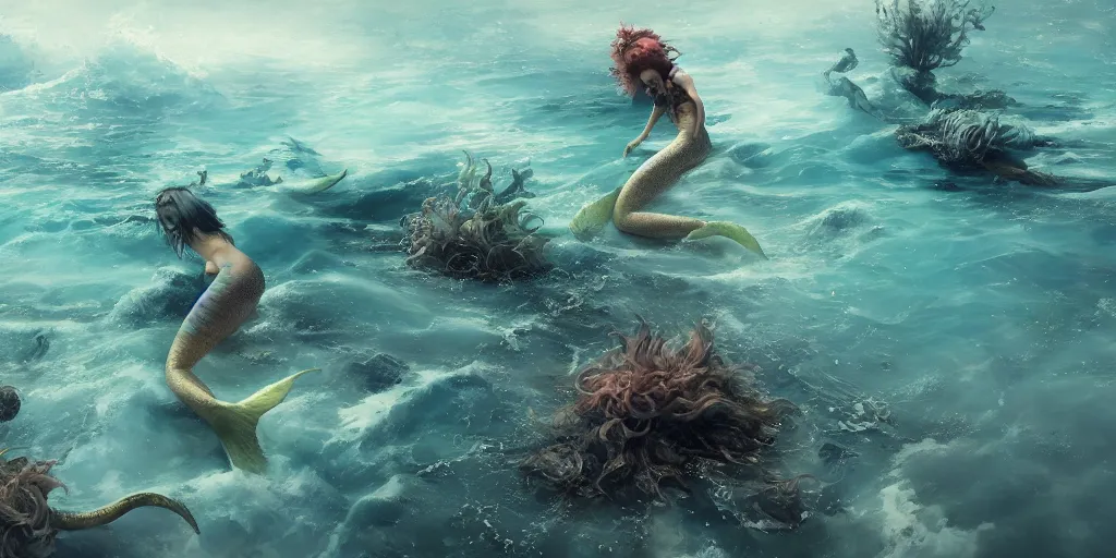 Image similar to Digital art Pixiv, Stunning mermaids swimming in a murky ocean, Kim Jung Gi, Greg Rutkowski, Darek Zabrocki, Karlkka, Jayison Devadas, Phuoc Quan, trending on Artstation, 8K, ultra wide angle, zenith perspective, pincushion lens effect