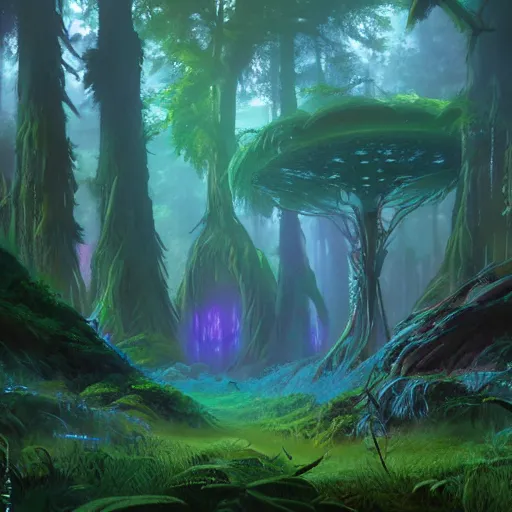 Image similar to concept art painting of a mystical alien fantasy forest, with fog and strange colorful plants, realistic, detailed, cel shaded, magenta and blue and green, in the style of makoto shinkai and greg rutkowski and james gurney