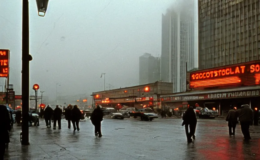 Image similar to 70s movie still of a sovietic street with pedestrians with soviet highrise in the backround , Cinestill 800t 18mm ektachrome color, heavy grainy picture, very detailed, high quality, 4k panoramic, HD criterion, dramatic lightning, neon billboards and streetlight at night, rain, mud, foggy