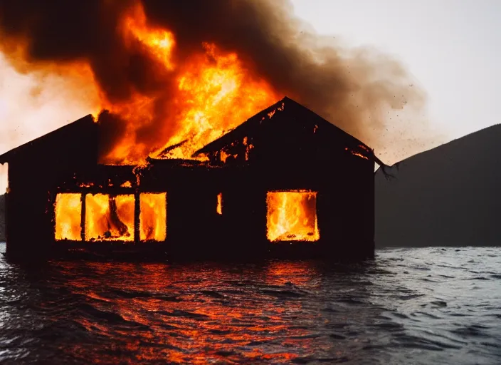 Image similar to dslr photo still of a house on fire under the water under water at the bottom of the ocean, 8 5 mm f 1. 8