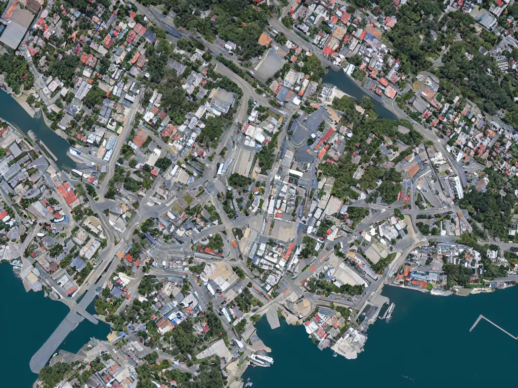 Image similar to satellite imagery of a small city with shops, shipping dock, and beach to the south. a bridge crosses a big lake, with a town hall, marketplace, and towers to the north. there is a field in the middle of the city. small hills and woods north of the city