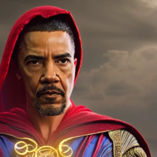 Prompt: Obama as Dr. Strange. Movie still frame. 4K UHD.