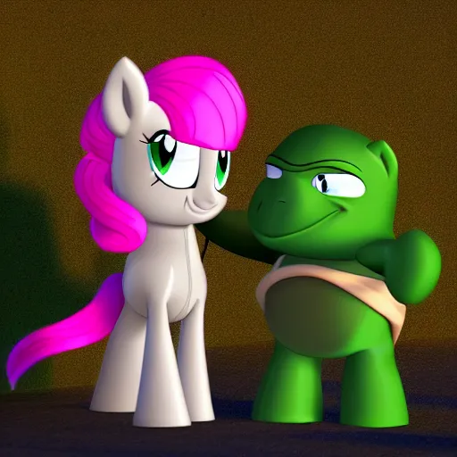 Image similar to pinky pie from my little pony talking to a teenage mutant ninja turtle