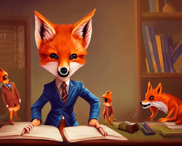 Image similar to award - winning extremely detailed fantasy art of a cute male anthropomorphic vulpes vulpes fulva teacher wearing suit working at a primary school, 4 k cinematic still photography, dramatic lighting