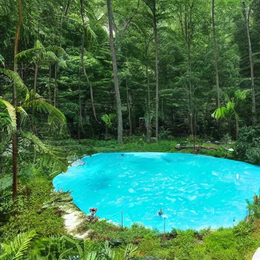 Image similar to abnormally large and complex shaped swimming pool in the middle of the forest, high details, ultra realistic, high fidelity