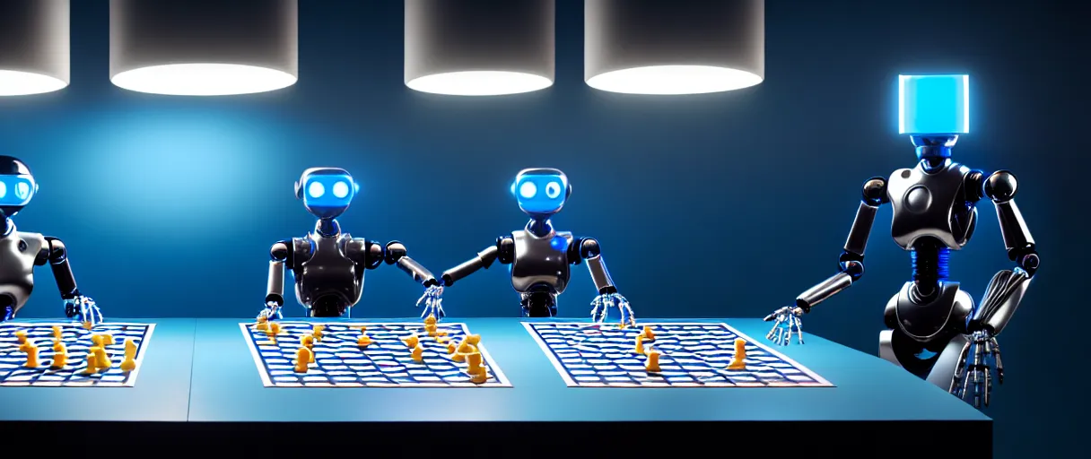 Image similar to a highly detailed photo of two futuristic matte blue and chrome full - body humanoid robots with glowing led eyes sit on large midcentury recliners facing off in an intense game of checkers. cinematic movie photograph, cinematic lighting, arri alexa, extremely detailed, smooth, very very clean, 8 k, octane render, maya render, unreal engine, trending on artstation, dslr