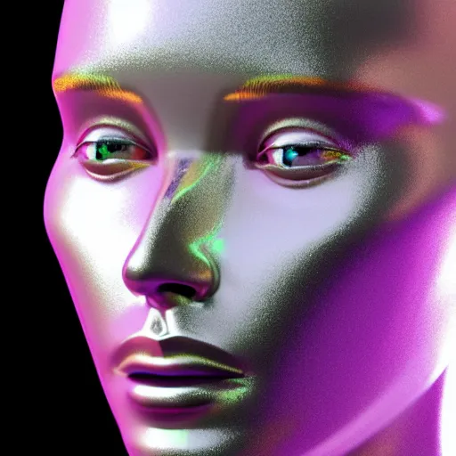 Image similar to 3d render of holographic human robotic head made of glossy iridescent, surrealistic 3d illustration of a human face non-binary, non binary model, 3d model human, cryengine, made of holographic texture, holographic material, holographic rainbow, concept of cyborg and artificial intelligence