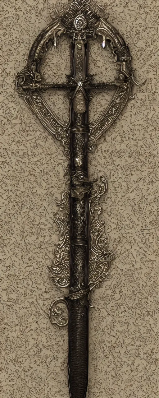 Prompt: sword of justice hanging on a wall, ornate gem in pommel, engraved blade, serrated point, herringbone floor, low angle, museum display, steve argyle