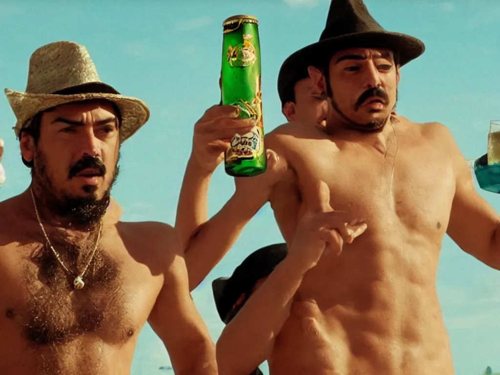 Prompt: Close up of Mario with a beer in a hat in Harmony Korine Spring Breakers film aesthetic!!! photorealistic