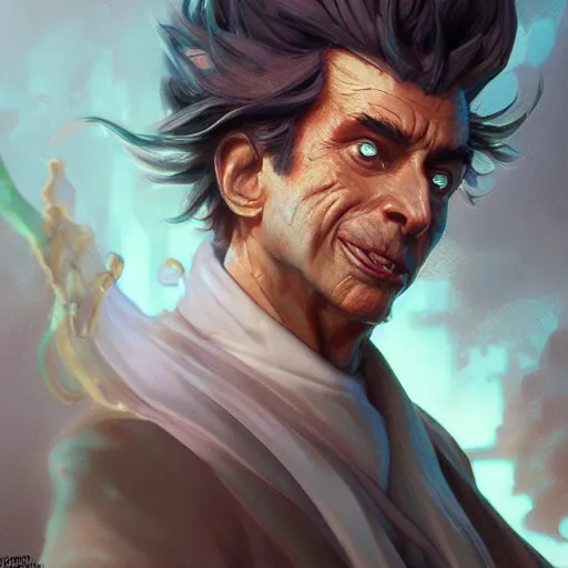 Image similar to Closeup of realistic Rick Sanchez, fantasy, intricate, elegant, highly detailed, digital painting, artstation, concept art, matte, sharp focus, illustration, hearthstone, art by Artgerm and Greg Rutkowski and Alphonse Mucha