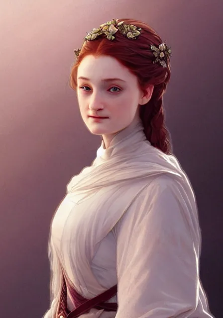 Image similar to little girl sansa stark, intricate, elegant, highly detailed, digital painting, artstation, concept art, smooth, sharp focus, illustration, art by artgerm and greg rutkowski and alphonse mucha and william - adolphe bouguereau