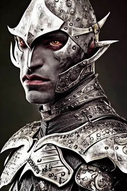 Image similar to head and shoulders portrait of an eldritch knight, drow, dark elf, shadar kai, male, breastplate, magical, high fantasy, d & d, by annie liebovitz, face details, extremely detailed, vogue fashion photo