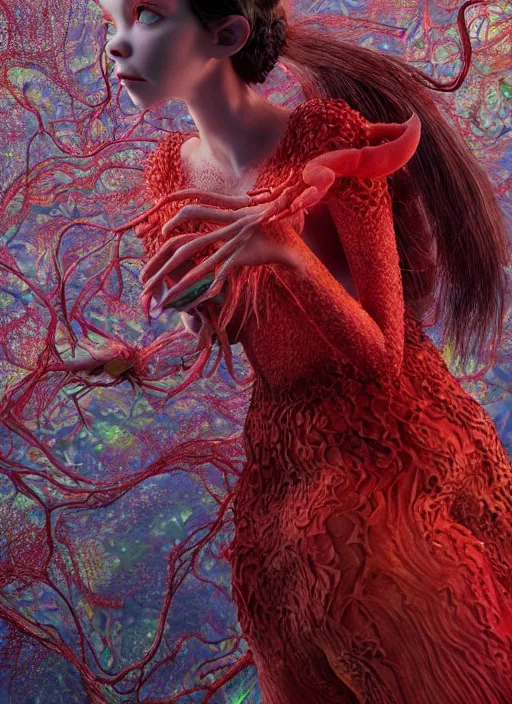 Prompt: hyper detailed 3d render like a Oil painting - very coherent Concrete displacement mapped profile (a beautiful fae princess protective playful expressive from dark crystal that looks like Anya Taylor-Joy) seen red carpet photoshoot in UVIVF posing in scaly dress to Eat of the Strangling network of yellowcake aerochrome and milky Fruit and His delicate Hands hold of gossamer polyp blossoms bring iridescent fungal flowers whose spores black the foolish stars by Jacek Yerka, Ilya Kuvshinov, Mariusz Lewandowski, Houdini algorithmic generative render, golen ratio, Abstract brush strokes, Masterpiece, Victor Nizovtsev and James Gilleard, Zdzislaw Beksinski, Tom Whalen, Mark Ryden, Wolfgang Lettl, hints of Yayoi Kasuma and Dr. Seuss, Grant Wood, octane render, 8k