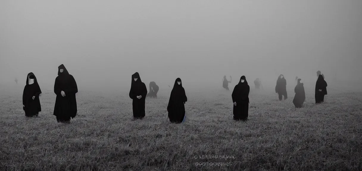 Prompt: Long Shot (LS) vintage black and white photo group of people dressing in white robes wearing white masks standing in the field, cinematic lighting, cinematic composition, cinematic atmosphere, misty foggy. Vogue photography Sigma 150-600mm f/5-6.3 lens, still winning photograph from a thriller movie.