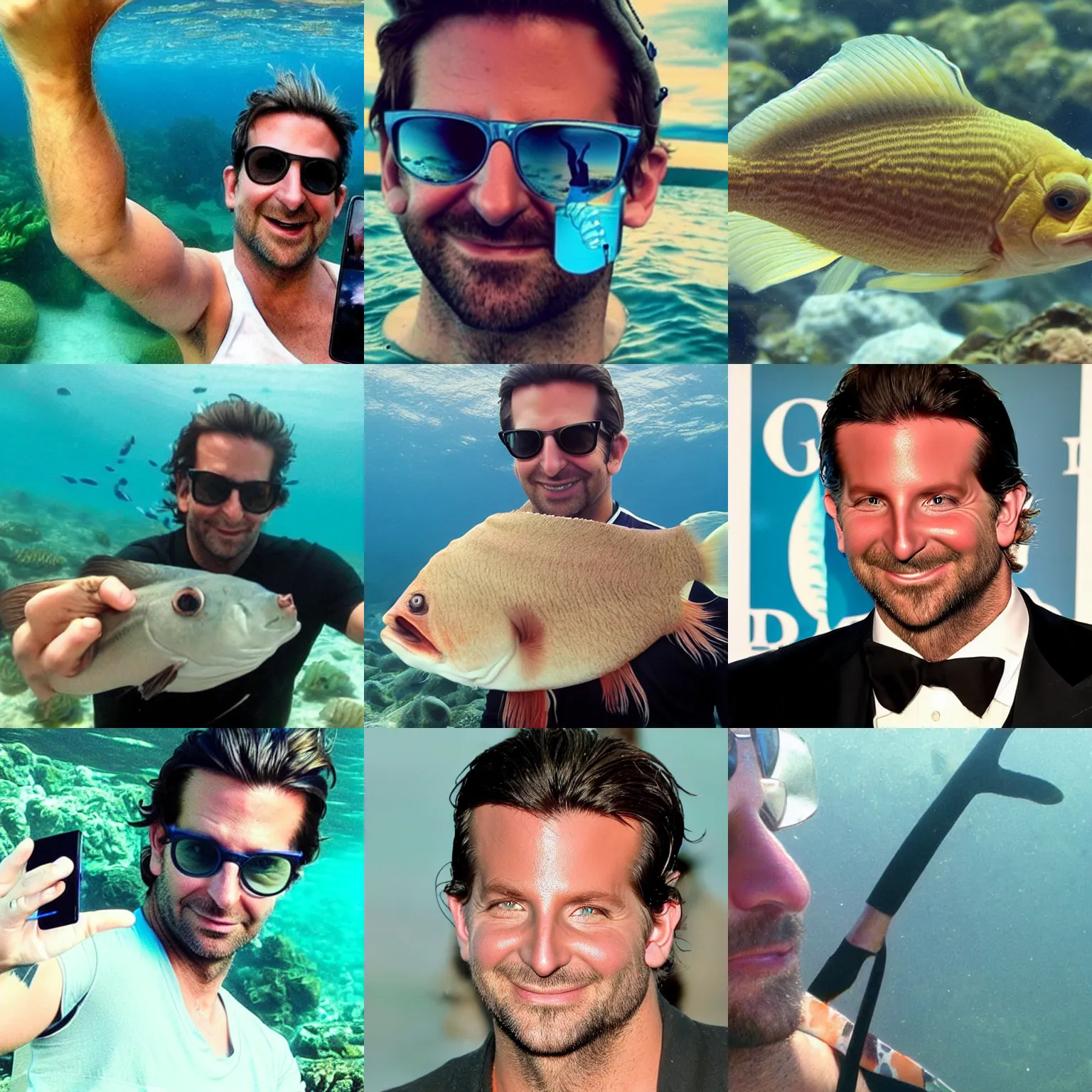 Prompt: a fish that looks like bradley cooper, selfie