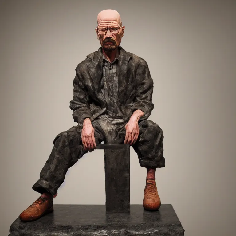 Prompt: hyperrealistic portrait sculpture of a walter white made of dry - aged wagyu beef on a pedestal by ron mueck and duane hanson and lee bontecou, hyperrealistic dramatic colored lighting trending on artstation 8 k