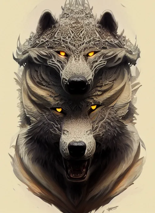 Image similar to anthropomorphic dire wolf bringer, intricate, elegant, highly detailed animal monster, digital painting, artstation, concept art, smooth, sharp focus, illustration, art by artgerm and greg rutkowski and alphonse mucha, 8 k