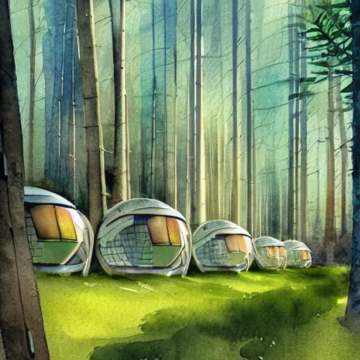 Image similar to beautiful happy picturesque charming organic futuristic sci - fi town of pod homes integrated in a forest area. water and trees. beautiful light. grainy and rough. soft colour scheme. beautiful artistic detailed watercolor by lurid. ( 2 0 2 2 )