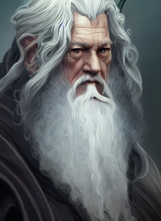 Image similar to gandalf the grey, d & d, fantasy, intricate, elegant, highly detailed, digital painting, artstation, concept art, matte, sharp focus, illustration, hearthstone, art by artgerm and greg rutkowski and alphonse mucha