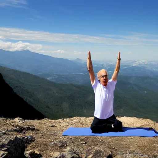 Prompt: a beautiful, ultra-realistic photograph of Larry David doing a yoga pose on top of a mountain