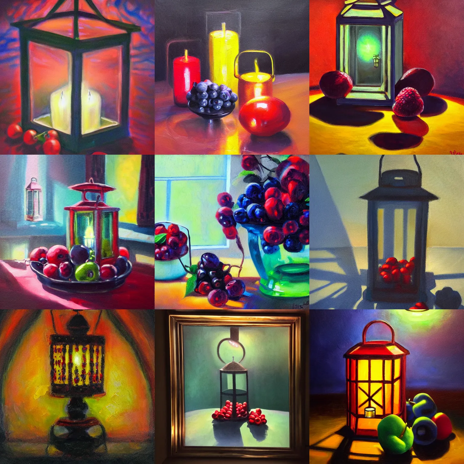 Prompt: shiny vibrant berries praying around a lantern, oil painting, glassware, thick strokes, reflections, ominous, sunlit, sharp, subsurface scattering, sharp edges, hazy, field of view