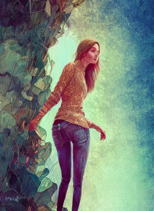 Image similar to model twiggy detailed clothing, half body shot, arms down, path traced, highly detailed, high quality, digital painting, alena aenami, lilia alvarado, shinji aramaki, karol bak, alphonse mucha, tom bagshaw