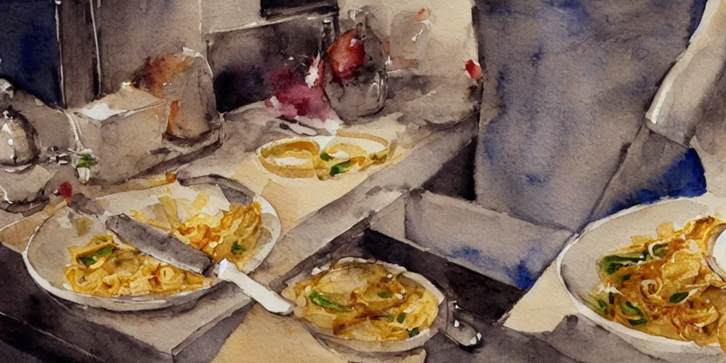 Prompt: a rabbit cooking pasta in a french restaurant kitchen, realistic watercolour