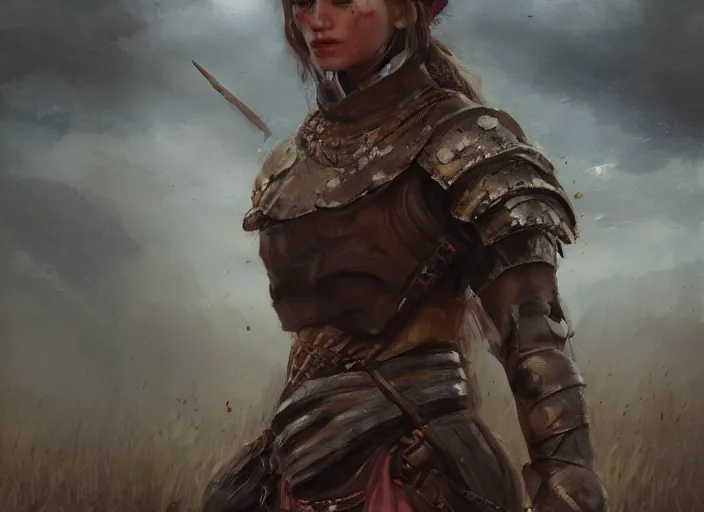 Image similar to landscape, portrait painting beautiful realism, an caucasian girl, wearing war clothes, in wood armor who was sprawled out was about to rise, his face covered in blood. cinematic scene, good lighting, fine art, trending on artstation, smooth draw, sharp focus.