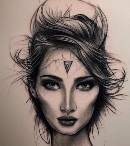 Image similar to tattoo design sketch of a beautiful woman face against a background of beautiful nature, hyper - realistic, in the style of den yakovlev, amazing detail, black and white