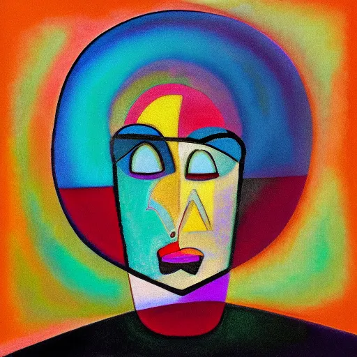 Image similar to painting of a face by Kandinsky with smooth gradients; background has random abstract art; 3d unreal engine, 4k 3d render