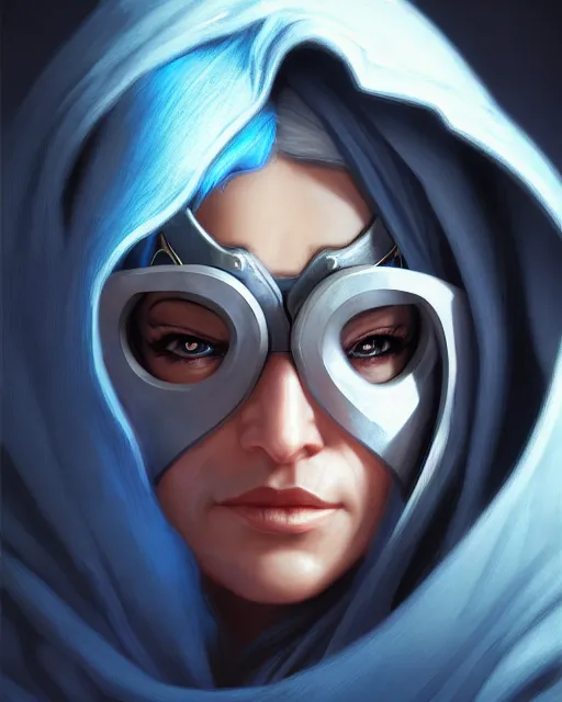 Prompt: ana from overwatch, eye patch, older woman, gray hair, blue hooded cloak, character portrait, portrait, close up, highly detailed, intricate detail, amazing detail, sharp focus, vintage fantasy art, vintage sci - fi art, radiant light, caustics, by boris vallejo