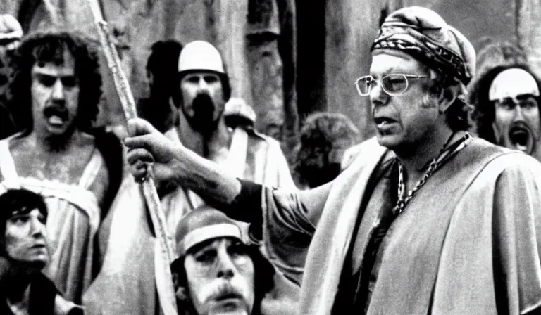 Image similar to a film still of bernie sanders as brian cohen in monty python's life of brian ( 1 9 7 9 )