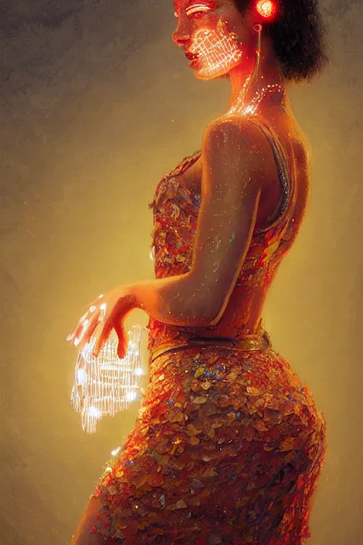 Image similar to portrait of cuban woman with skirt made out of bananas, dancing, intricate, elegant, glowing lights, highly detailed, digital painting, artstation, sharp focus, illustration, art by wlop, mars ravelo and greg rutkowski