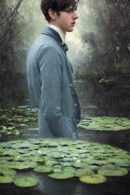 Image similar to detailed cinematic moody colors studio portrait of a young victorian gentleman in a beautiful victorian water pond, water lilies, high quality by jeremy mann, only one head single portrait