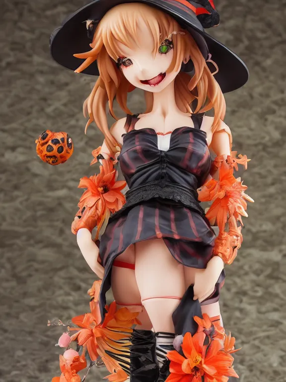 Prompt: A good smile anime figure Full shot of a cute mischievous young witch about to get up to some trouble with her playful snake familiar. Latin American fashion. Floral patterns. Black and Orange palette. Magic. defined facial features, symmetrical facial features. PVC Figure. award winning, Artstation, intricate details, realistic, Hyperdetailed, 8k resolution.