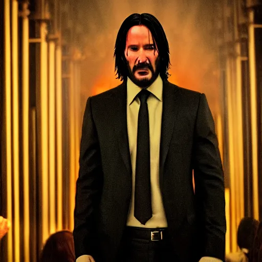 cinematic still of John Wick singing on stage holding | Stable ...