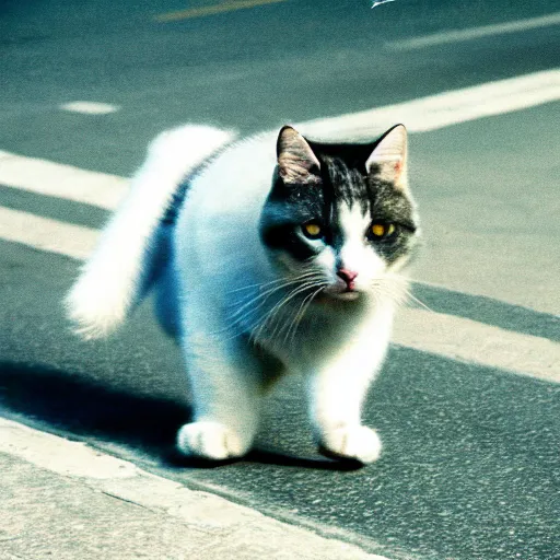 Image similar to leica s photograph, kodachrome film, subject is a white furry cat skateboarding down broadway in nyc