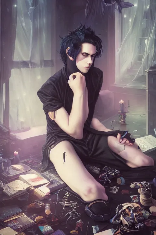 Prompt: goth guy sitting on the floor of a cluttered 9 0 s bedroom reading a book by artgerm, tom bagshaw, gerald brom, vaporwave colors, lo - fi, 4 k, hd,