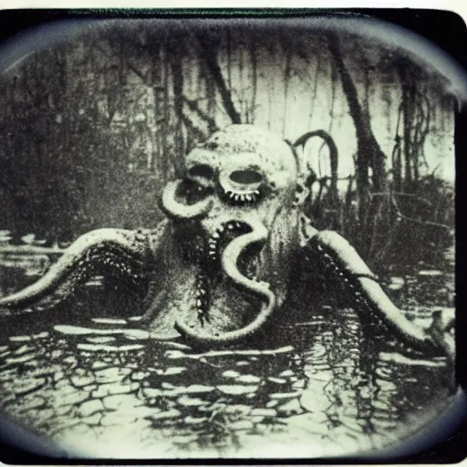 Image similar to creepy lovecraftian monster in swamp, 1 9 1 0 polaroid photo