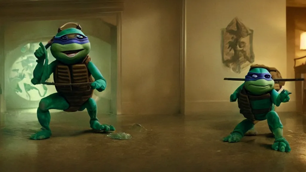 Prompt: a ninja teenage mutant turtle made of wax and water floats through the living room, film still from the movie directed by Denis Villeneuve with art direction by Salvador Dalí, wide lens