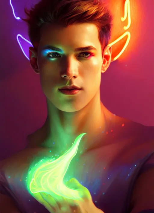 Image similar to a male faceless glowing liquefied stardust adventurer, dnd fantasy character, full body portrait, glowing neon skin, magical aura, ultra realistic, intricate, elegant, highly detailed, digital painting, artstation, smooth, sharp, focus, illustration, art by artgerm and greg rutkowski and alphonse mucha