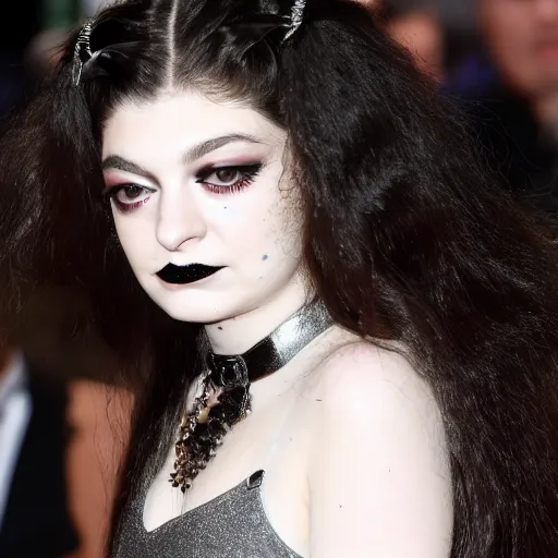 Image similar to lorde wearing goth makeup and a silver bodysuit with black platform boots