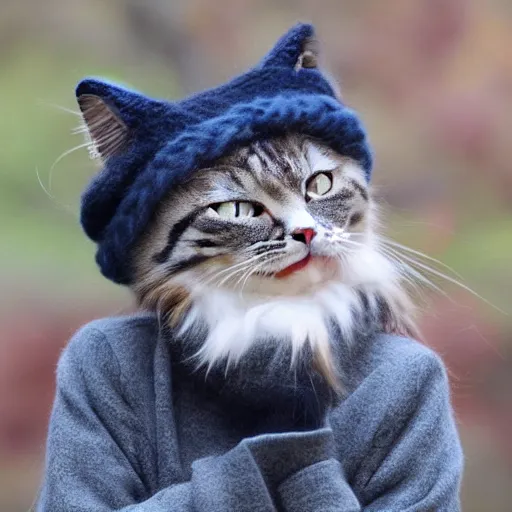 Image similar to cute cat photo licking tongue sticking out, wearing wool hat cat ears