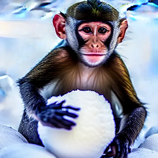 Prompt: beatiful photograph of monkey sitting in the center of the image whilst holding a snowball in its arms