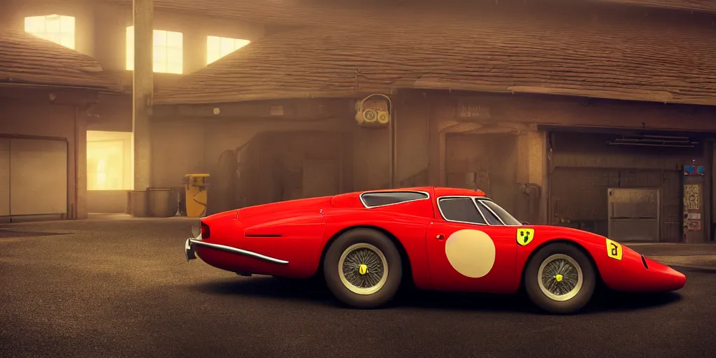 Image similar to a wholesome animation key shot of a focused old ferrari car in a car park, close shot, studio Ghibli, Pixar and Disney animation, sharp, very detailed, high resolution, Rendered in Unreal Engine 5, anime key art by Greg Rutkowski, Bloom, dramatic lighting