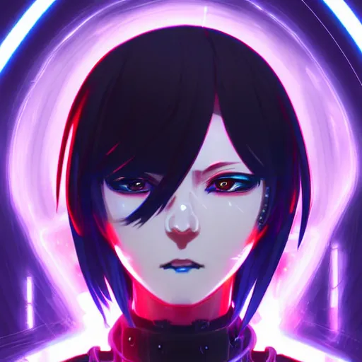 Image similar to digital cyberpunk anime character concept art, gorgeous anime girl symmetrical face, small female android cyborg - angel, glowing red left eye and glowing blue right eye, fullbody!! wlop, rossdraws sakimimichan, ilya kuvshinov, krenz cushart, greg rutkowski.