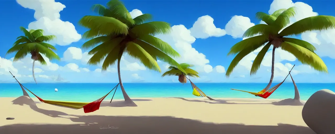 Prompt: goro fujita ilustration of a summer beach with palm tree and clouds and a hammock, painting by goro fujita, sharp focus, highly detailed, artstation