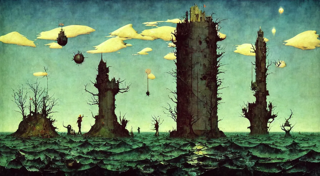 Prompt: single flooded simple!! frazetta tower anatomy, very coherent and colorful high contrast masterpiece by norman rockwell franz sedlacek hieronymus bosch dean ellis simon stalenhag rene magritte gediminas pranckevicius, dark shadows, sunny day, hard lighting