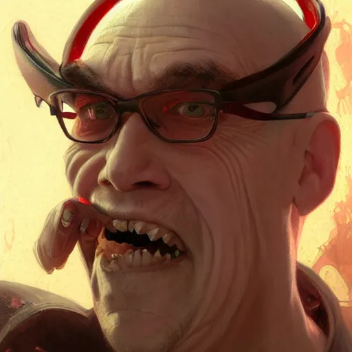 Image similar to portrait of a red bald man with black eyes and a black teeth, horror, glowing eyes, by Stanley Artgerm Lau , greg rutkowski, thomas kindkade, alphonse mucha, loish, norman rockwell. Trending on artstation detailed illustration hd 4k