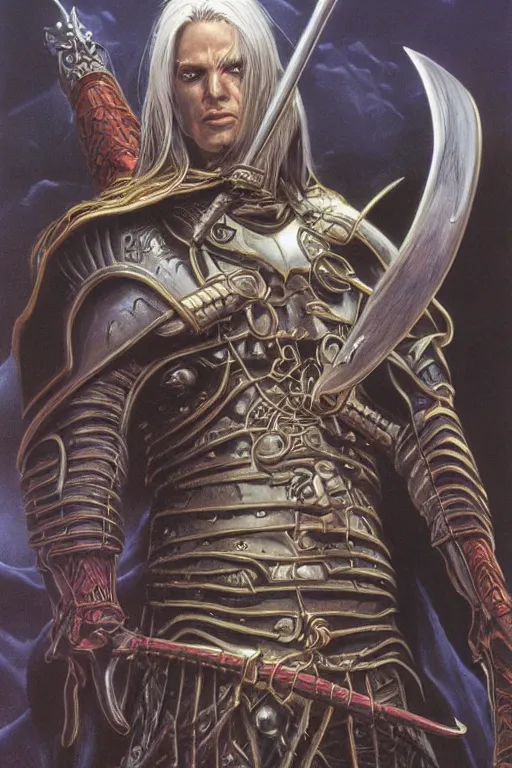 Image similar to Elric of Melnibone portrait by Michael Whelan, cover art